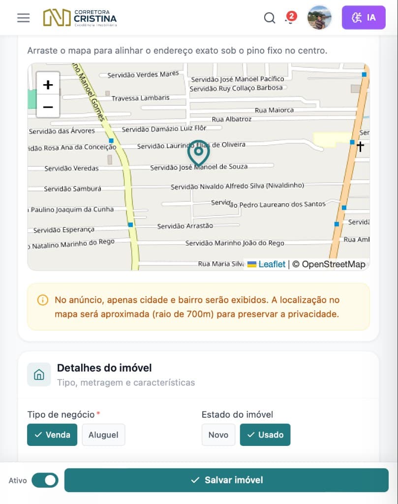 Edição de imóvel no painel de anúncios